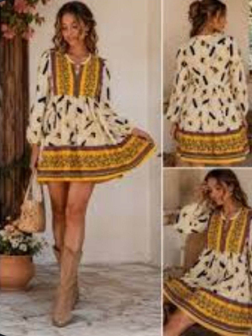 MELLODAY Cream Mini Dress with Yellow Border and Black Print